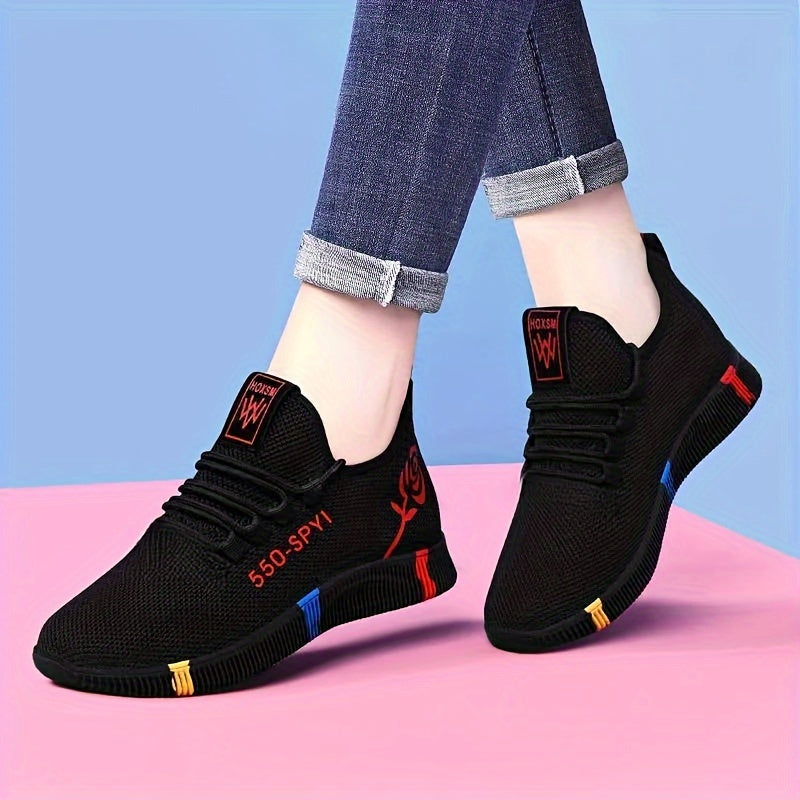 Women's Breathable Black Sneakers with Colorful Accents Low-Top Casual Athletic Shoes