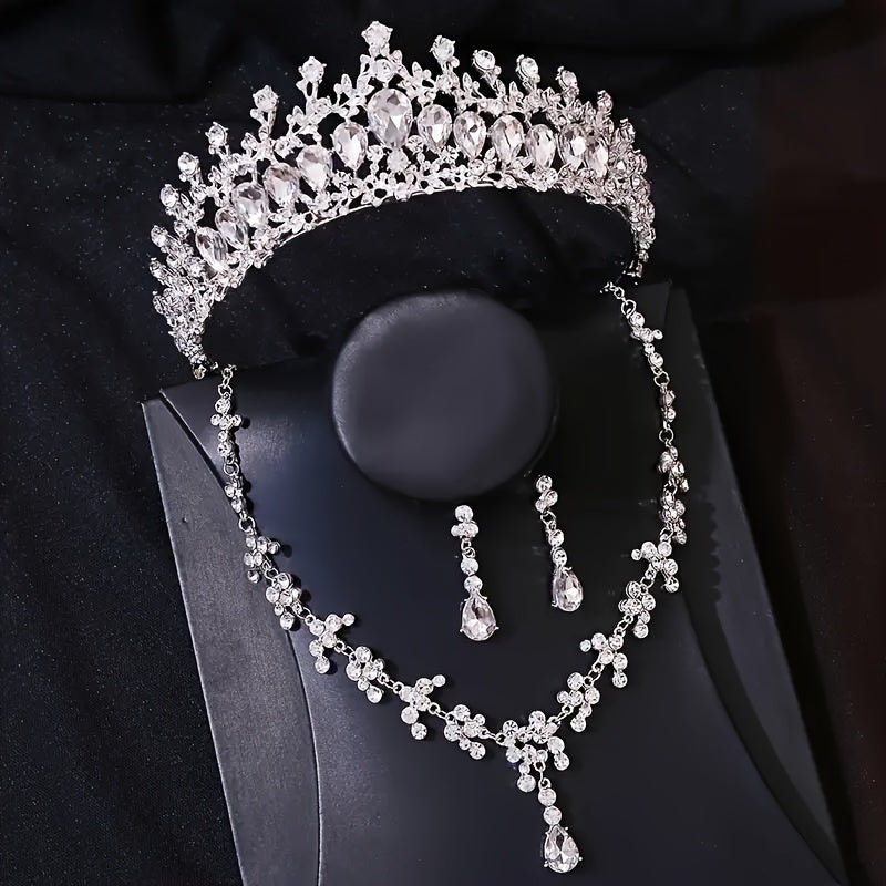 Set of 3 Bridal Rhinestone Crown Jewelry Tiara Necklace Earrings Wedding Accessories