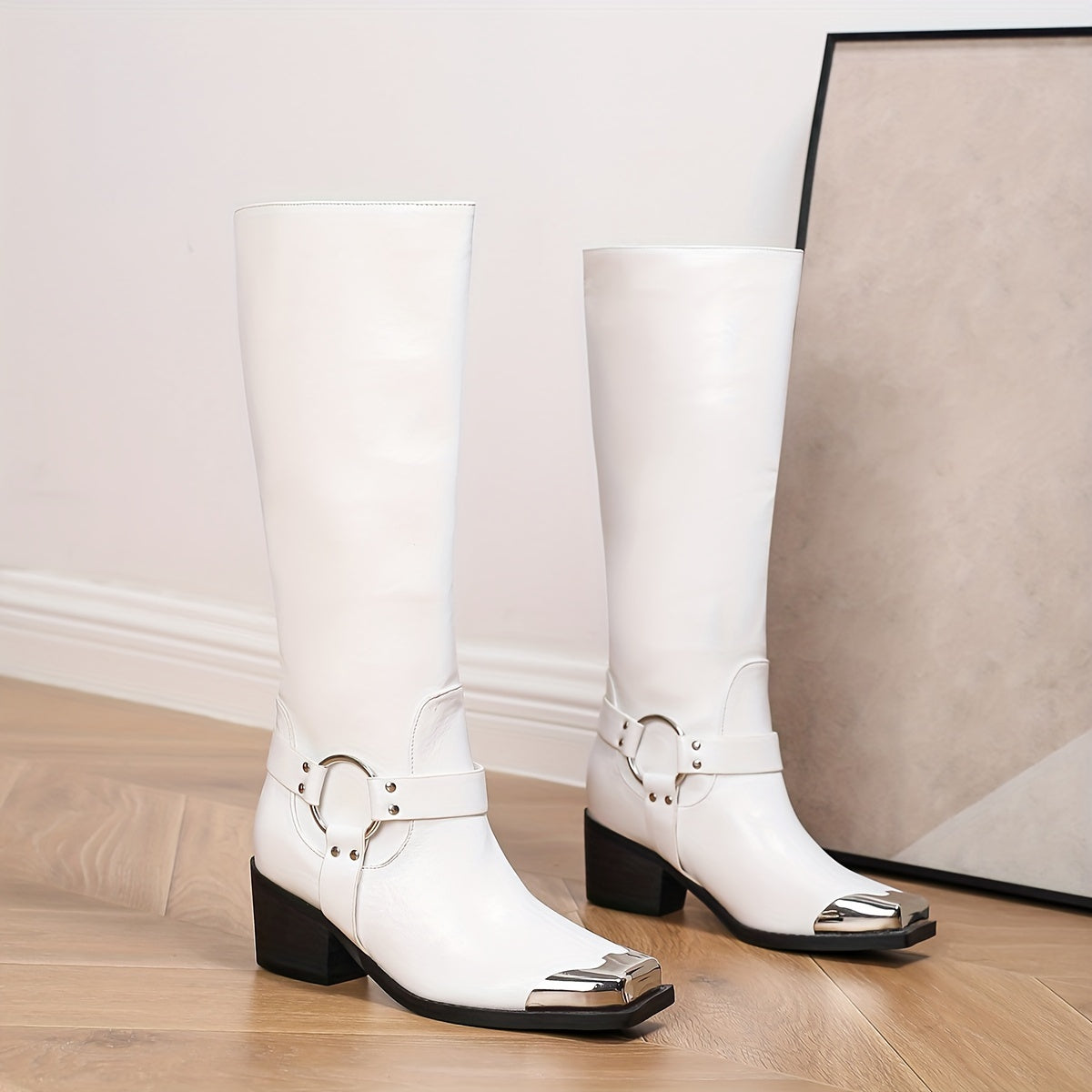 Women's Knee-High Leather Western Cowboy Boots with Buckles and Chunky Heels