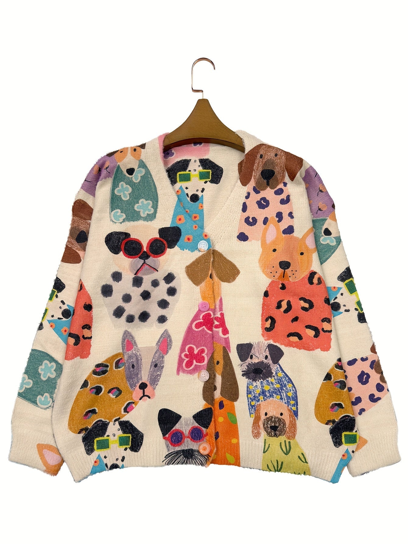 Plus Size Women's V-Neck Long Sleeve Cardigan Knit Sweater With Dog Print