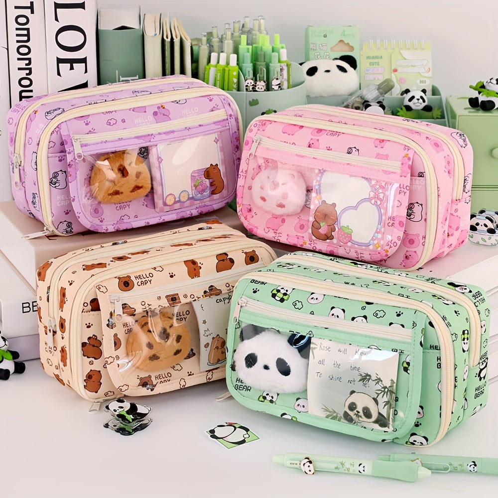 Kids Boys Girls Panda Cartoon Pencil Case with Multi-Layer Organizer Oxford Fabric Storage Box