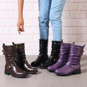 Women's Solid Color Chunky Heel Boots with Side Zipper Mid Calf Boots
