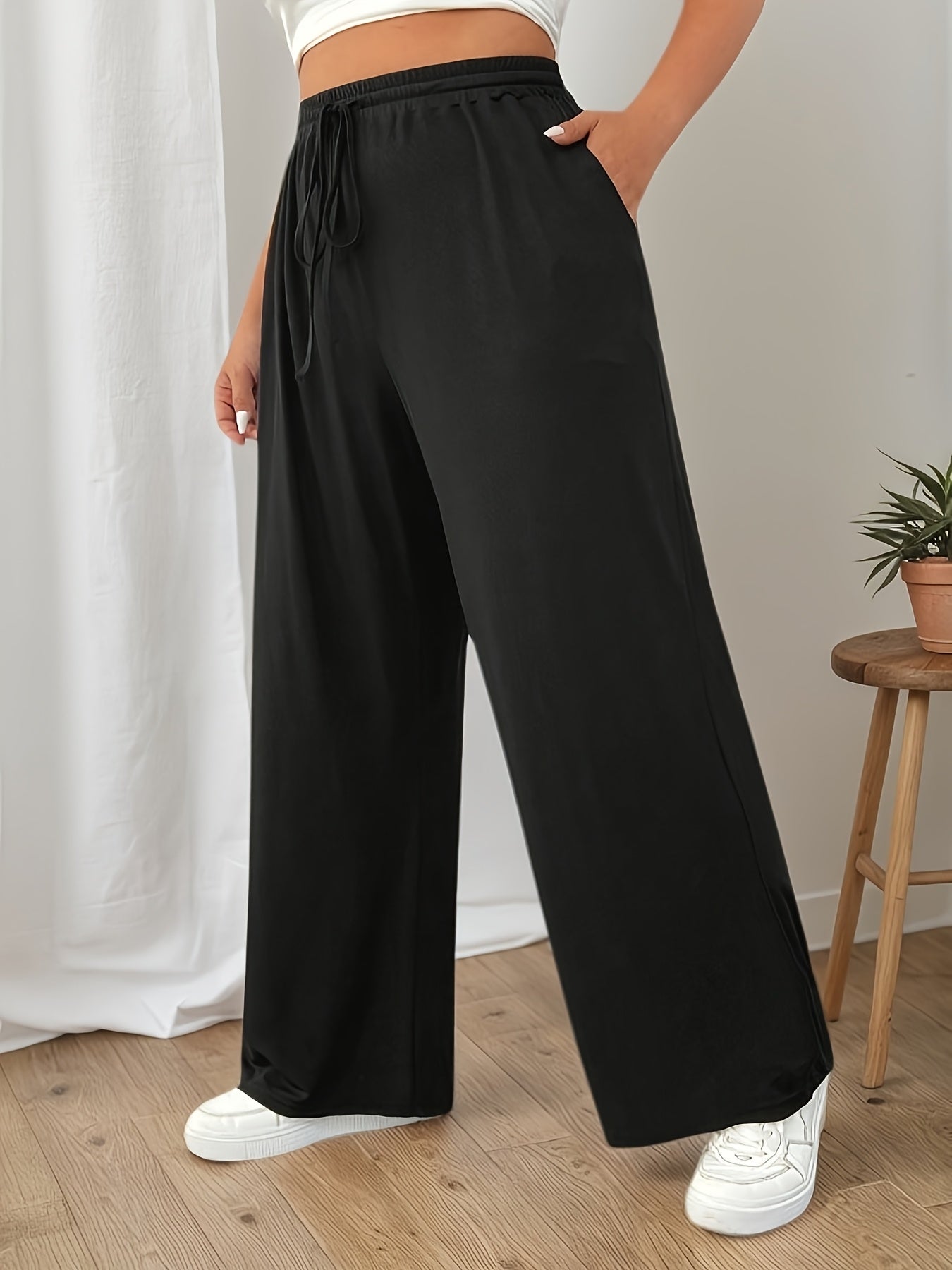 Women's Wide Leg Pants Elastic Black Casual Summer Trousers