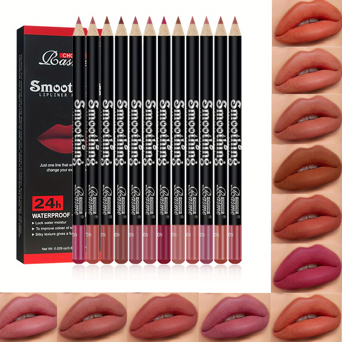 12-Piece Nude Lip Liner Set Long-Lasting Matte Non-Fade Red Tones