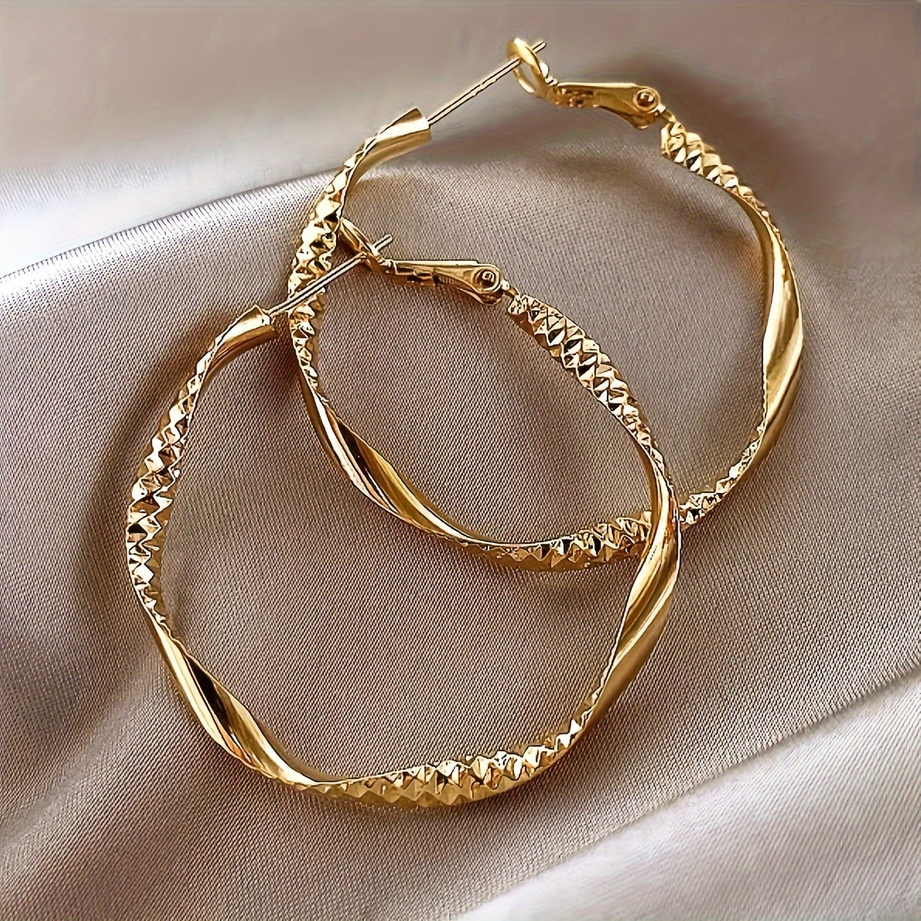 Women Twisted Gold-Tone Hoop Earrings Textured Sparkling Accents