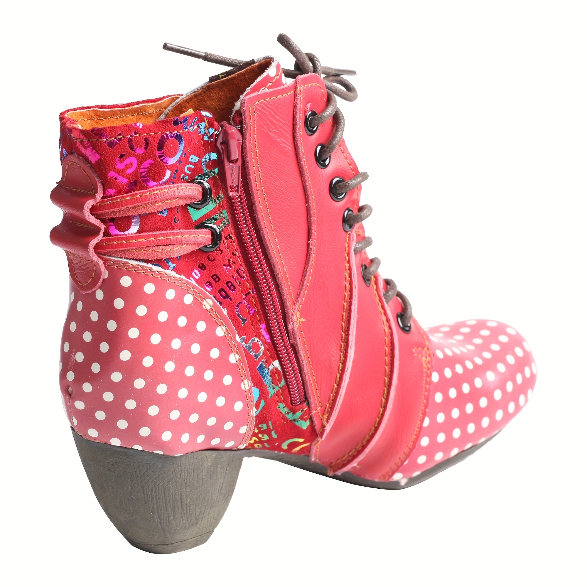 Женские ботинки с полукруглым принтом на щиколотке, средний каблук, пайетки, надписи, шнуровка