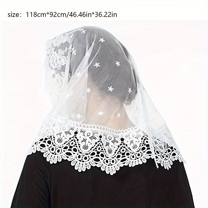 Black and White Bridal Veil with Lace Edges, Floral Mantilla Shawl