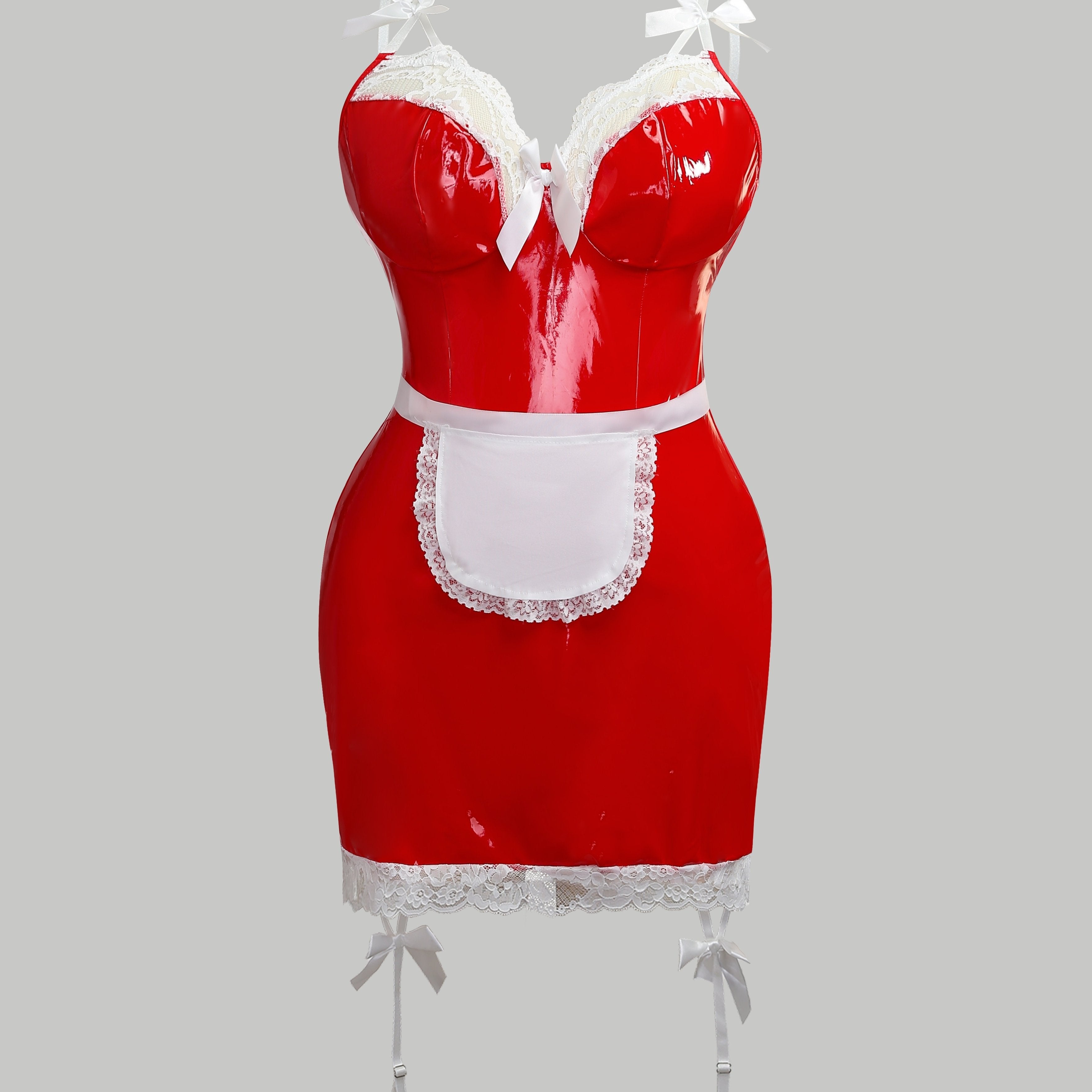 Plus Size Women's Lace Bow Front Lingerie Dress with Apron Costume