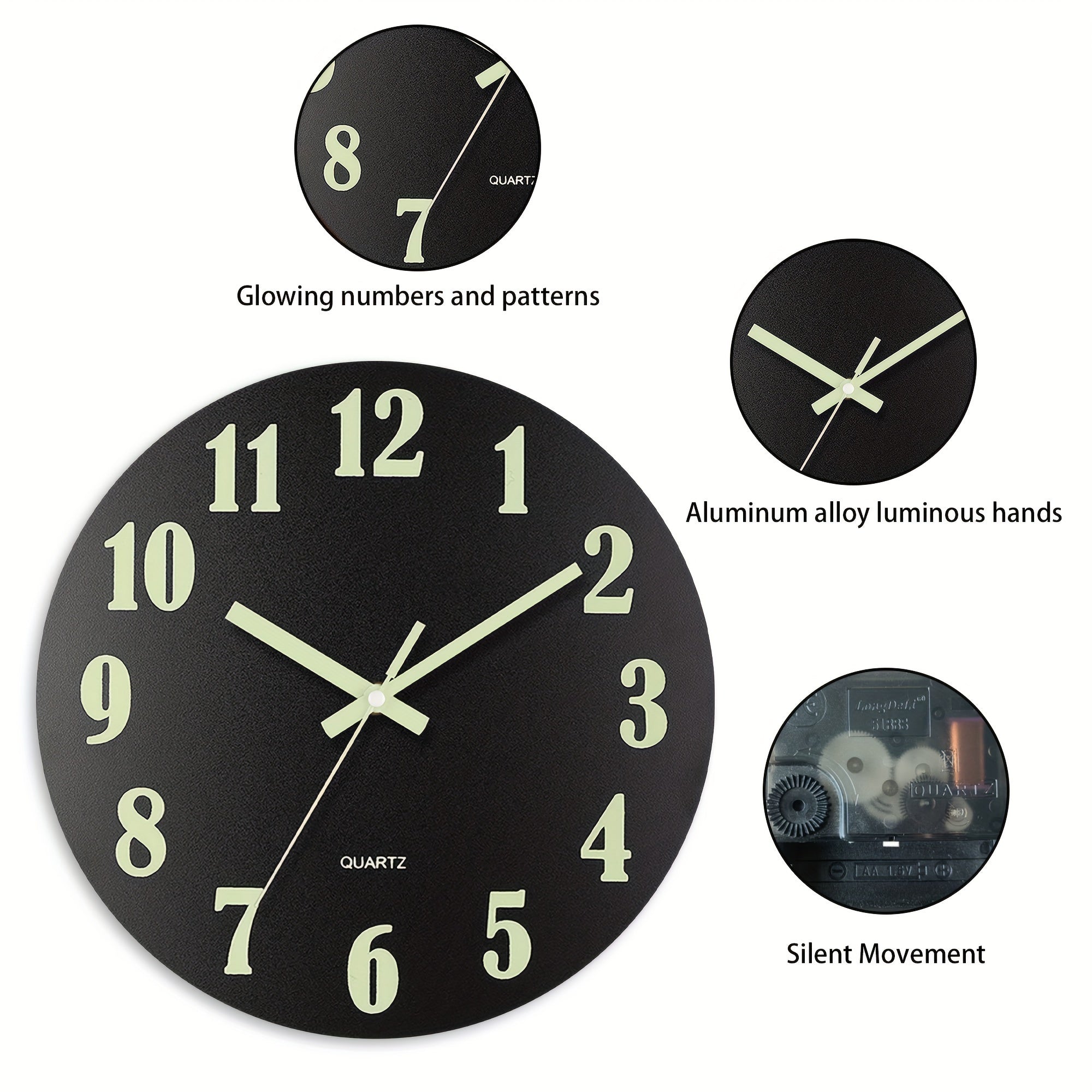 Black Glow-in-the-Dark Wall Clock with Retro Design and Silent Movement