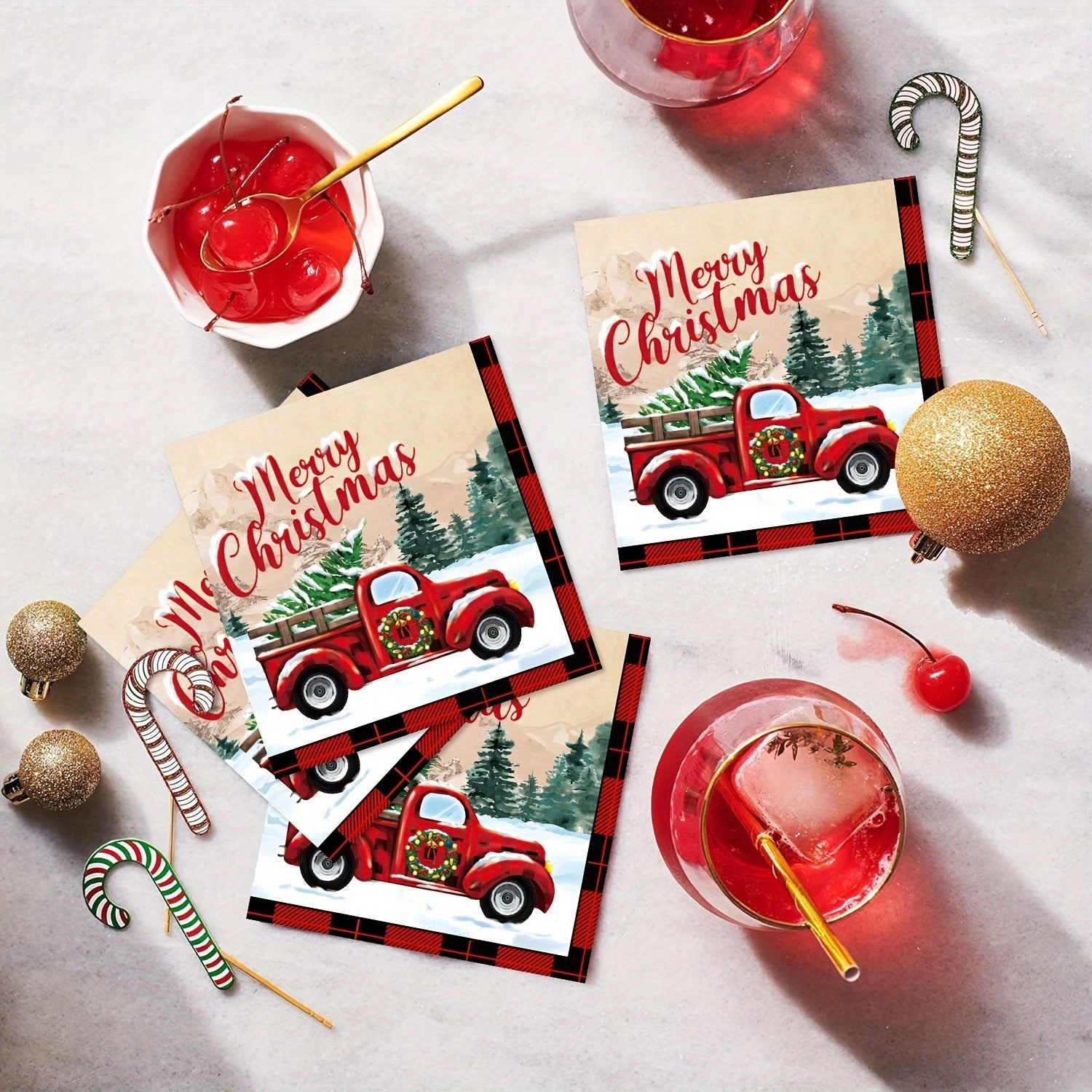24 Pack Christmas Party Paper Napkins Vintage Truck Design Disposable Holiday Tableware