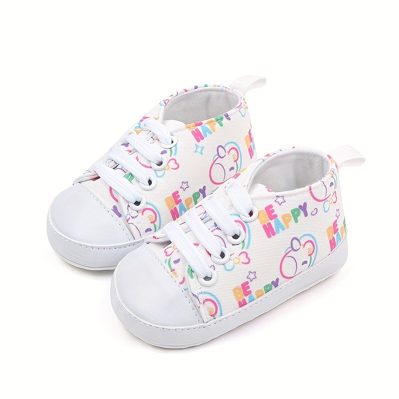 Baby Canvas Sneakers with Cartoon Print Adjustable Lace-Up Indoor Casual Shoes