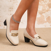 Women Beige Chunky Heel Pumps Square Toe Dress Shoes for Office Formal Wear