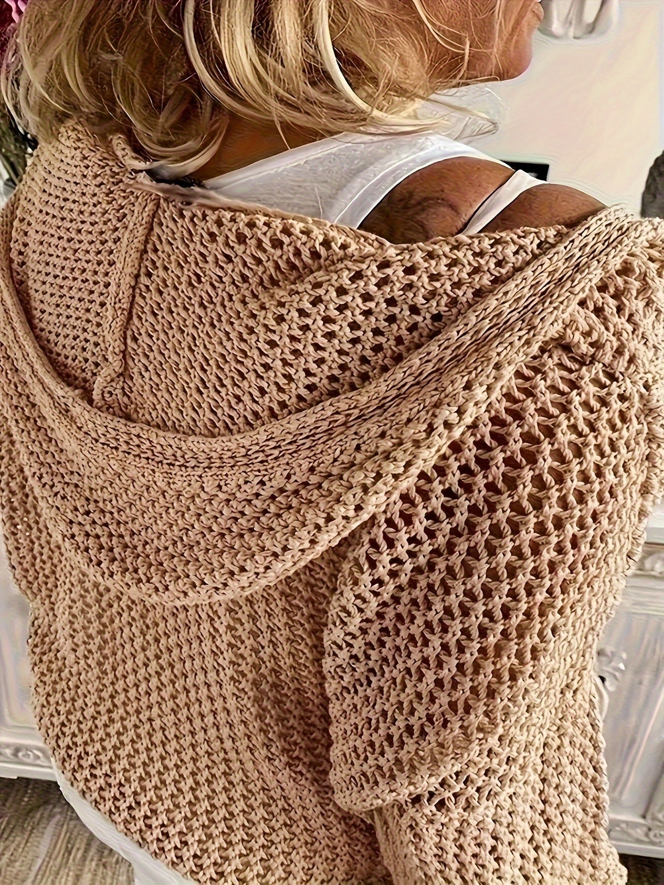 Plus Size Crochet Cover Up Knitted Top Hooded Long Sleeve Casual Spring Summer