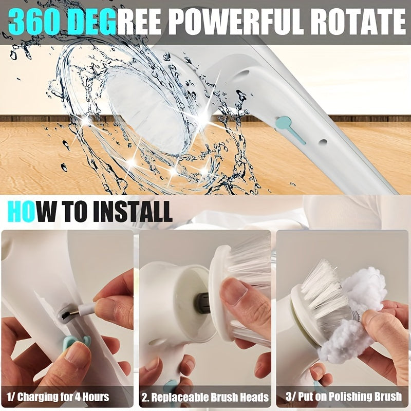 Cordless Handheld Cleaning Brush with 5 Interchangeable Brush Heads for Bathroom Kitchen Floor