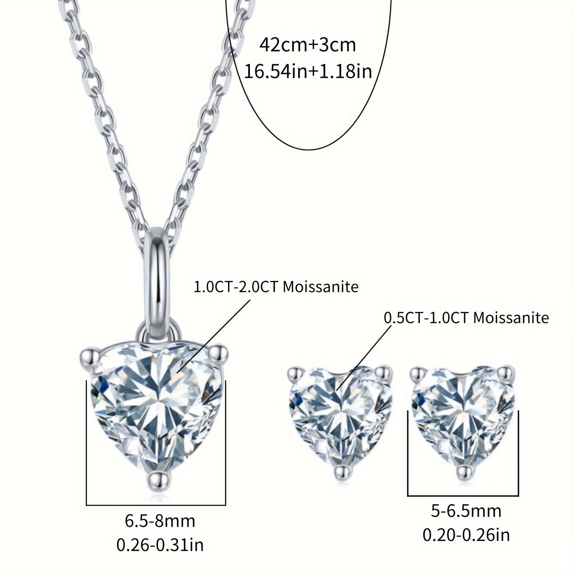 Heart-Shaped Moissanite Jewelry Set Pendant Necklace and Stud Earrings White Gold Plated Silver Gift for Her
