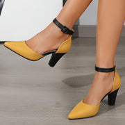 Women's Pointed Toe Block Heel Pumps Two-Tone Ankle Strap Dress Shoes