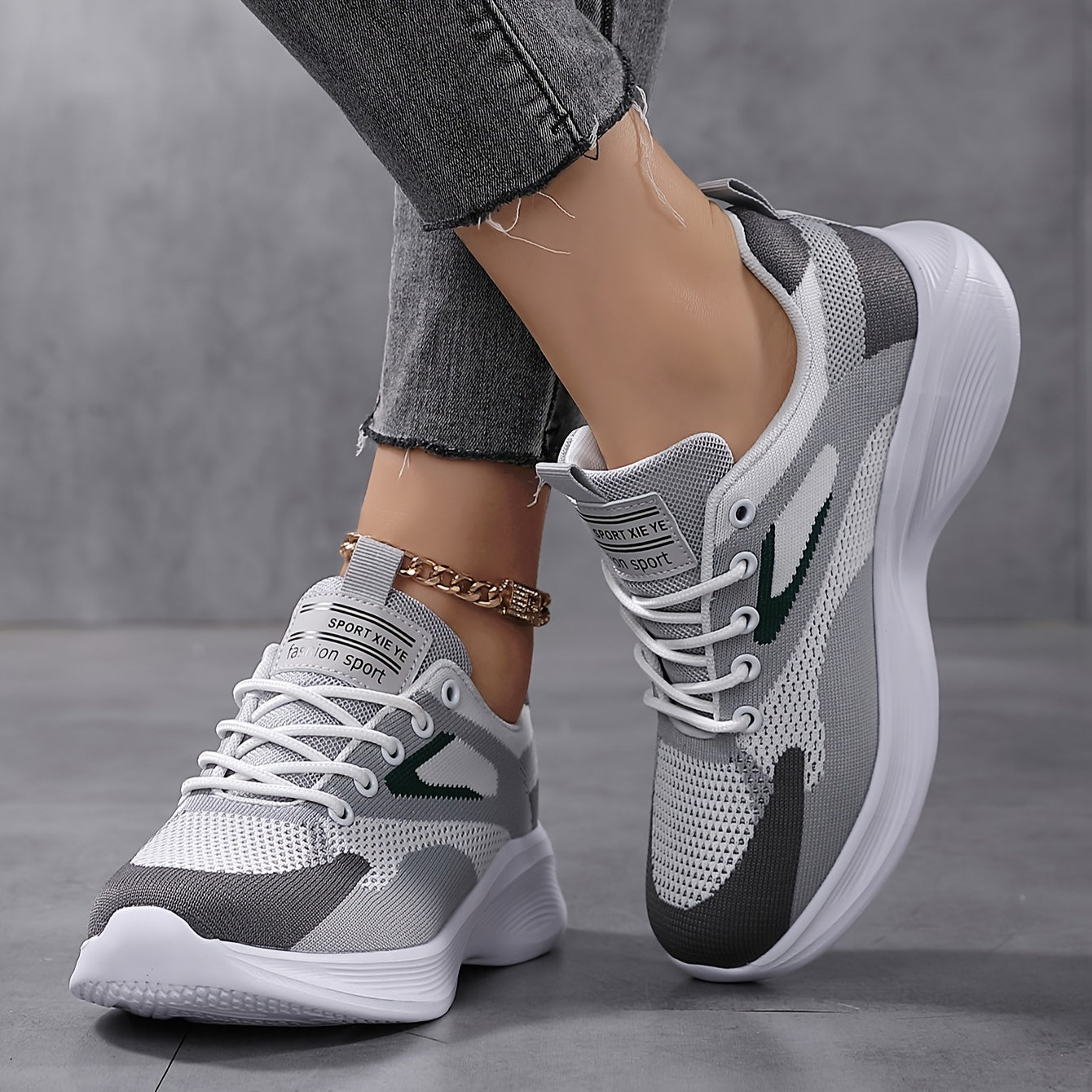 Zapatillas de running transpirables para mujer, deportivas bajas, color gris y verde, con amortiguación