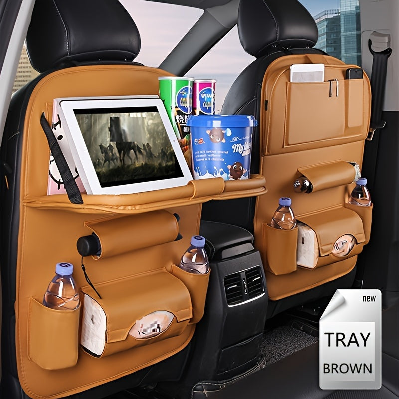 Universal Faux Leather Car Seat Organizer with Foldable Tray and Multiple Pockets