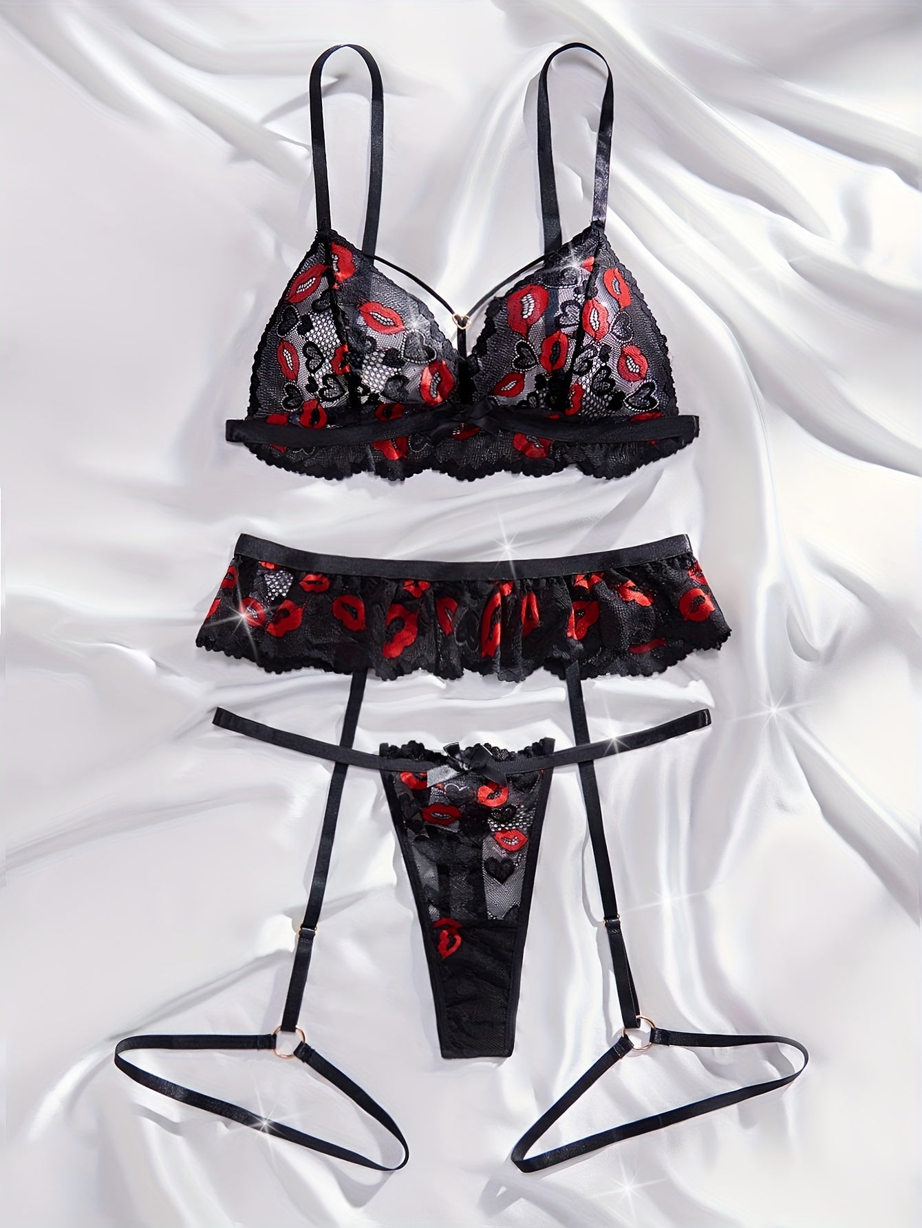Lingerie Set with Red Lips Print and Bow Details Includes Transparent Bra G-String Garter Belt