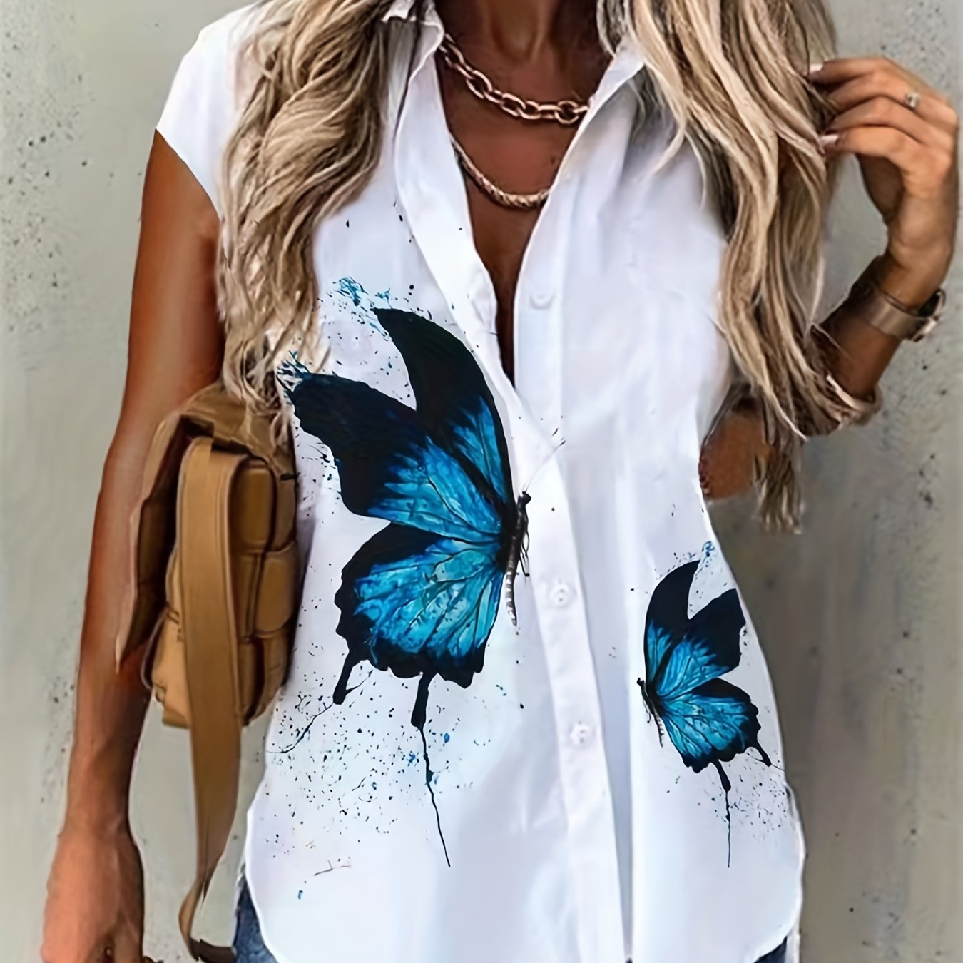 Plus Size Casual Blouse Women's Butterfly Print Button Up Cap Sleeve
