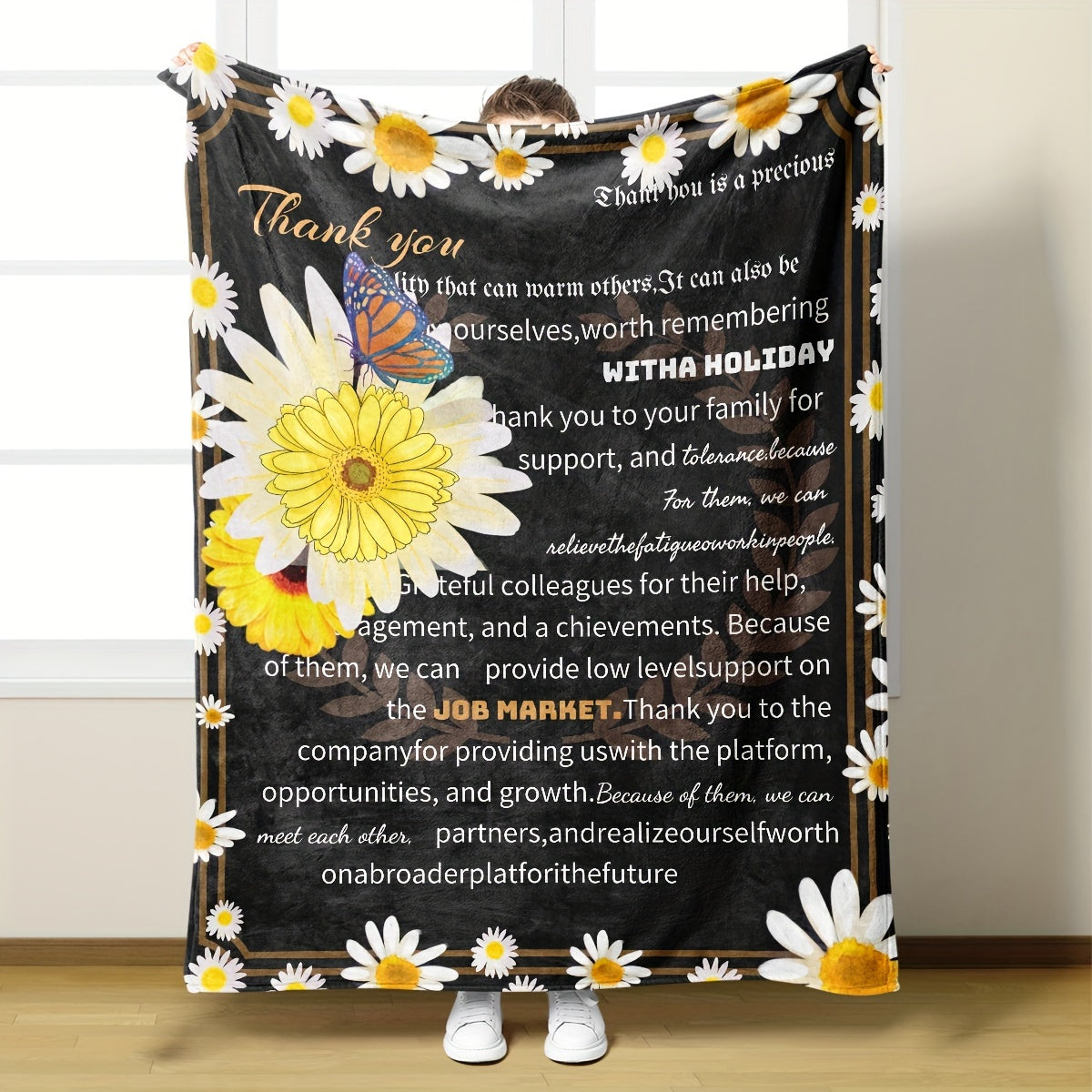 Knitted Polyester Throw Blanket with Thank You Message Floral Butterfly Design for All Seasons