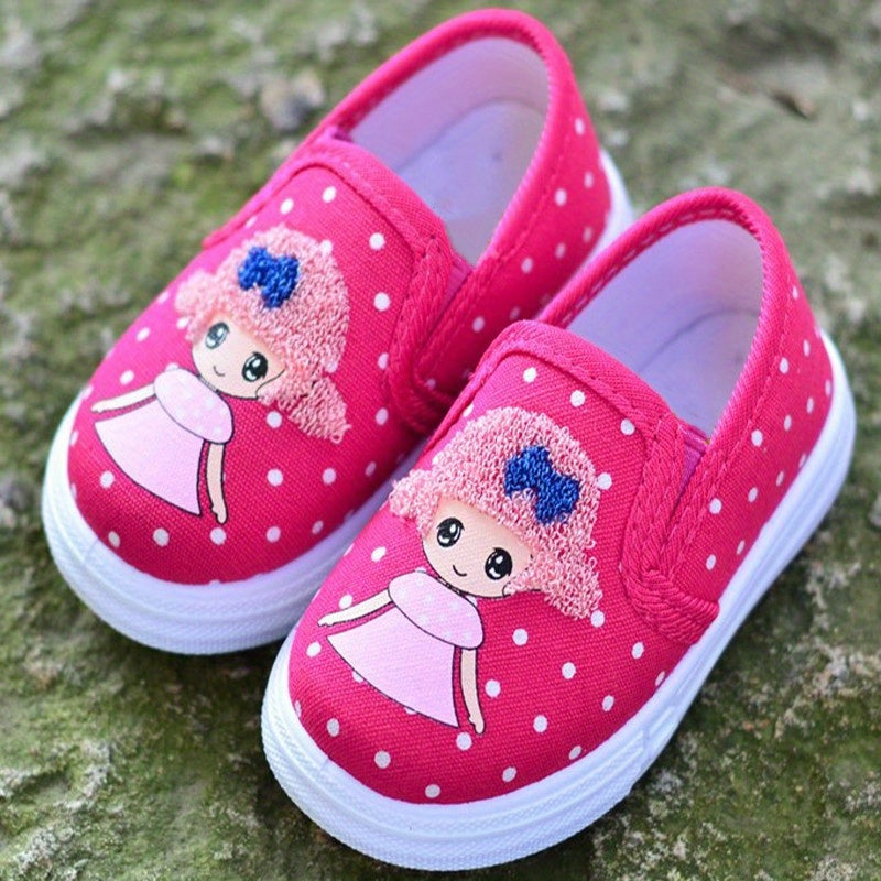Girls' Pink Polka Dot Canvas Shoes with Cartoon Embroidery Breathable Lightweight for Spring and Fall