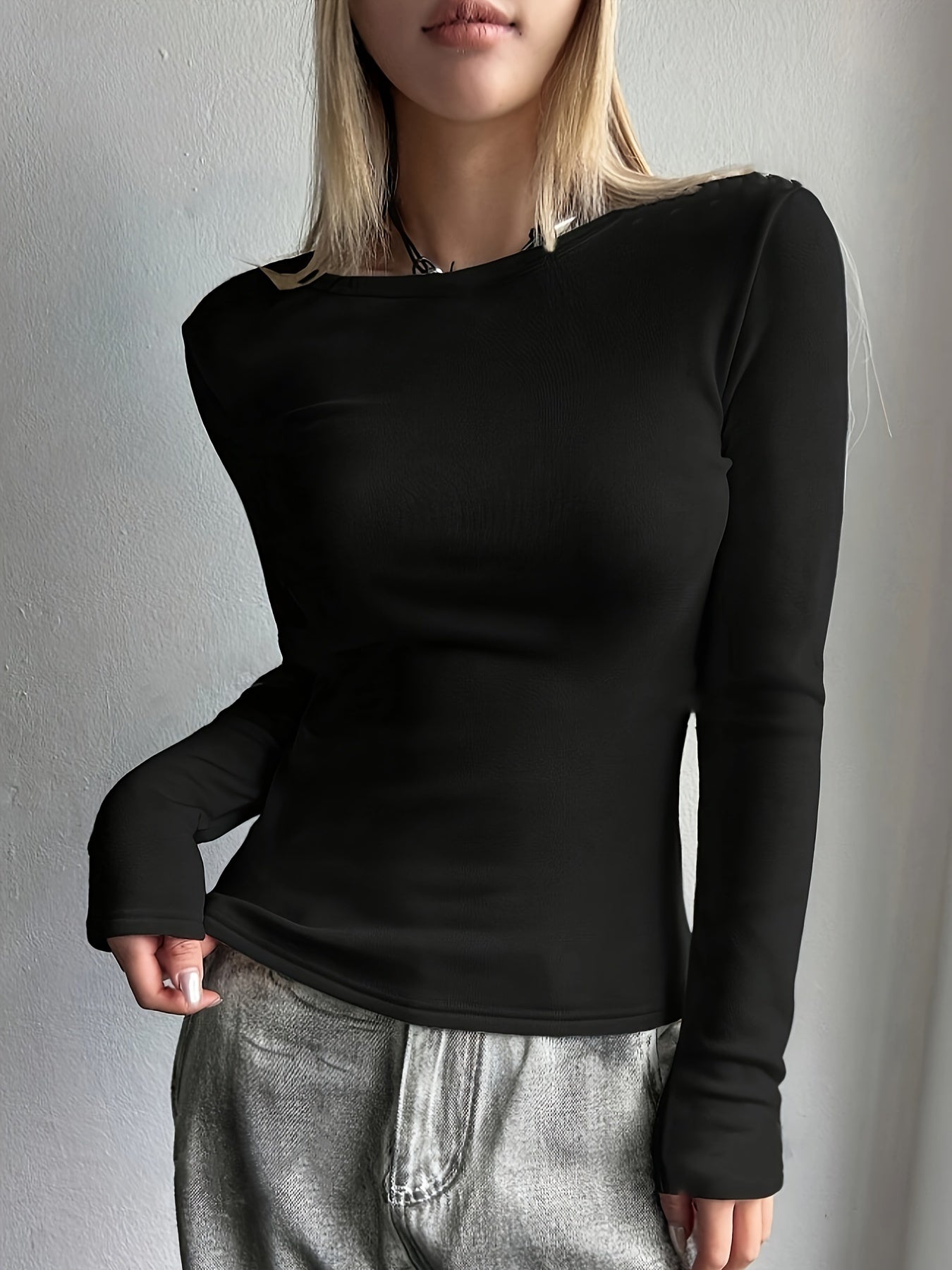 Women's Long Sleeve Crew Neck Top Solid Color Fall Winter Polyester Elastane Stretch Fabric