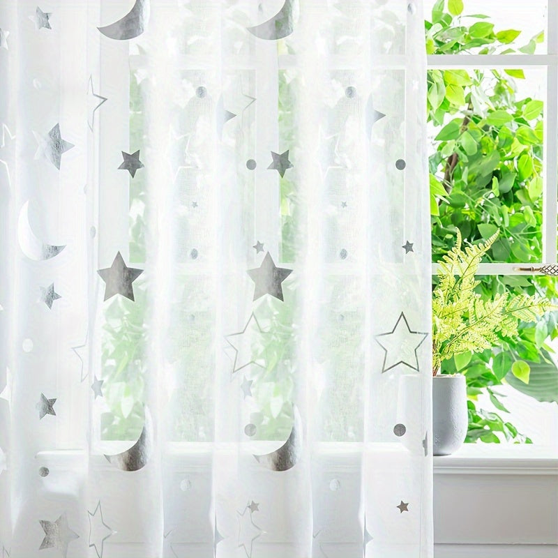 White Tulle Curtains with Silver and Gold Star Moon Cartoon Design for Kids Room