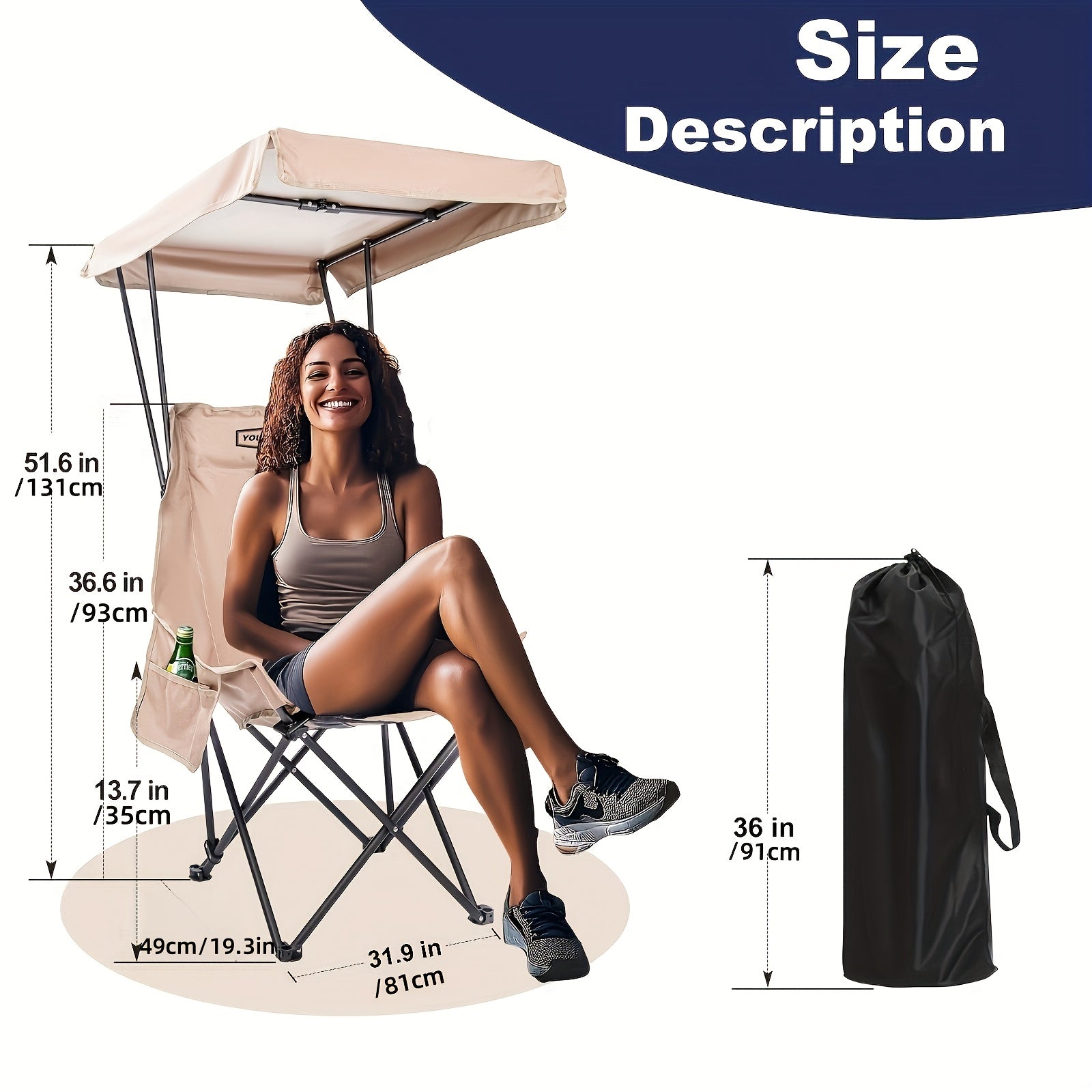 Portable Camping Chair with Sun Shade Canopy, Adjustable, Lightweight, Supports Up to 330 lbs