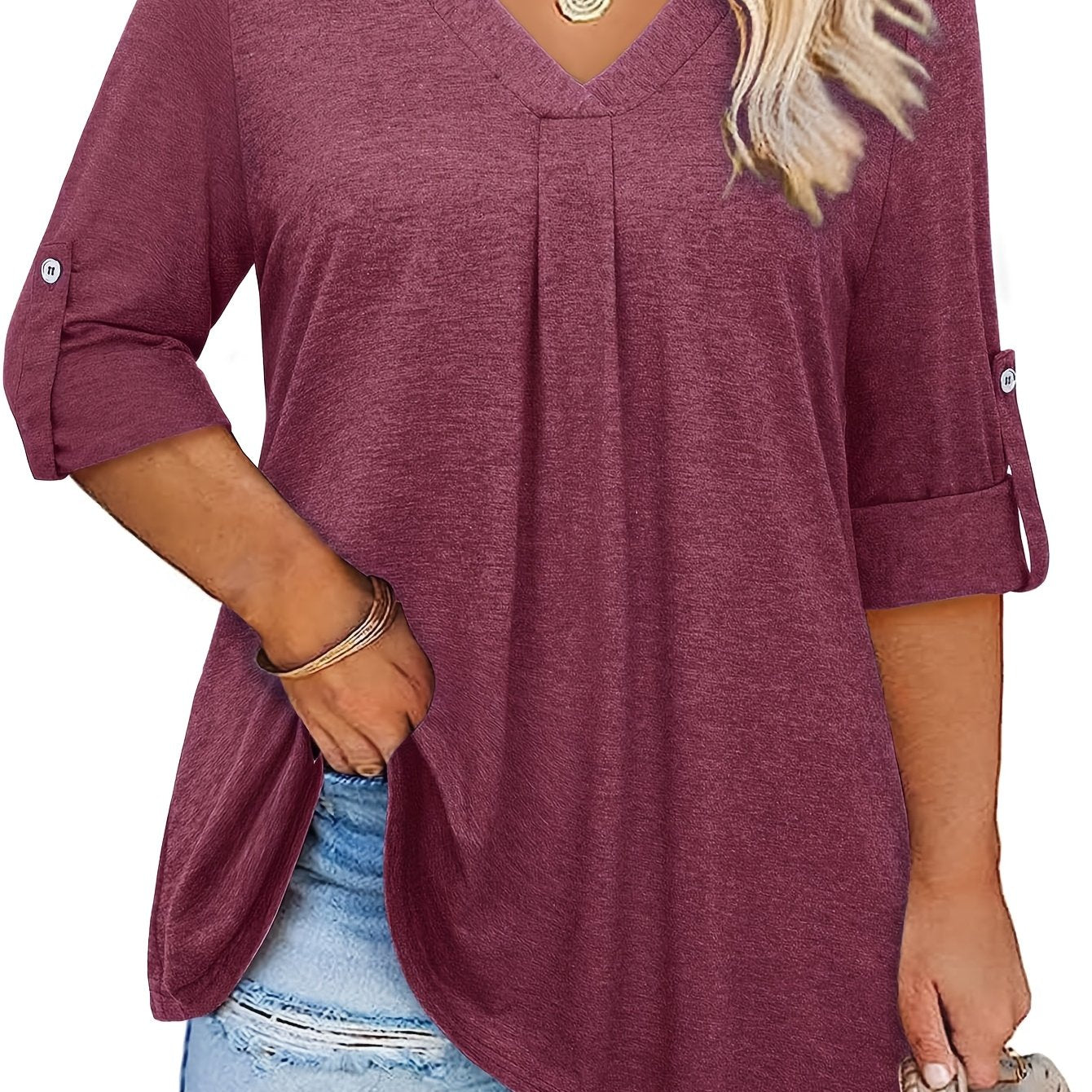 Plus Size Women's V-Neck Blouse 3/4 Sleeve Solid Color Casual Top