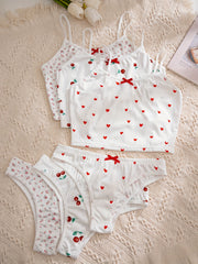 Women's Floral Print Lingerie Set with Ribbed Cami Bra and Bow Decor