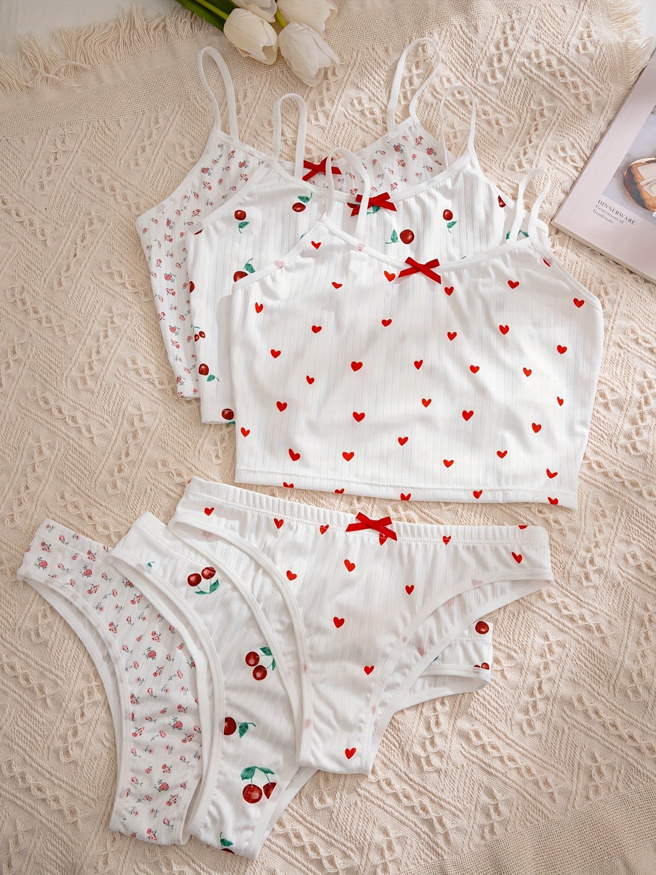 Women's Floral Print Lingerie Set with Ribbed Cami Bra and Bow Decor