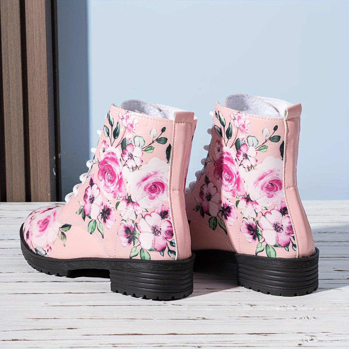 Women's Floral Pattern Lace-Up Casual Boots with Soft Sole and Round Toe