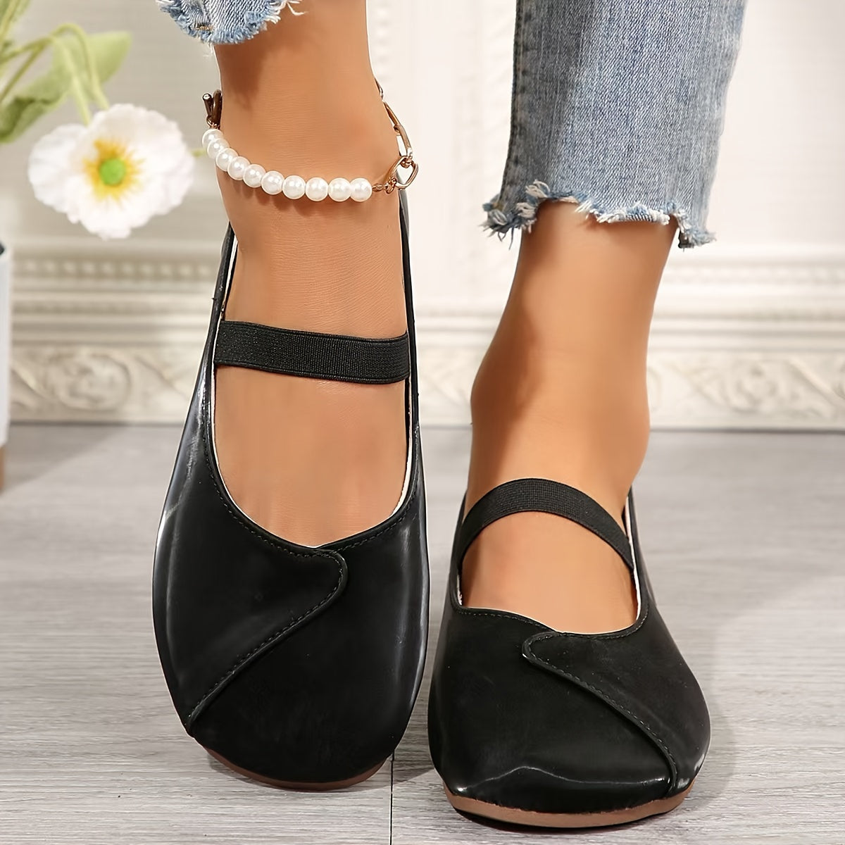 Zapatos planos negros tipo Mary Jane para mujer con suela de goma y punta redonda