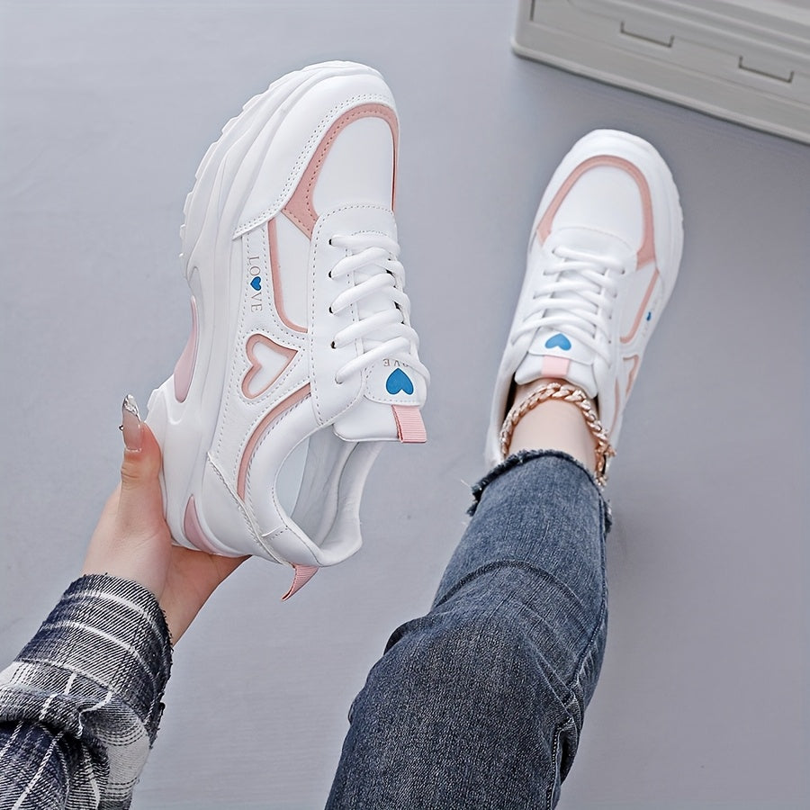 Women's White Sneakers with Black Accents Casual Running Shoes Thick Sole