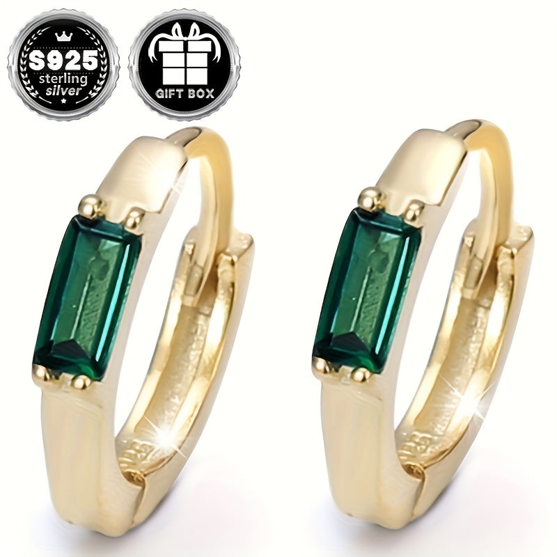 Unisex Sterling Silver Earrings with Green Zirconia Square Inlay