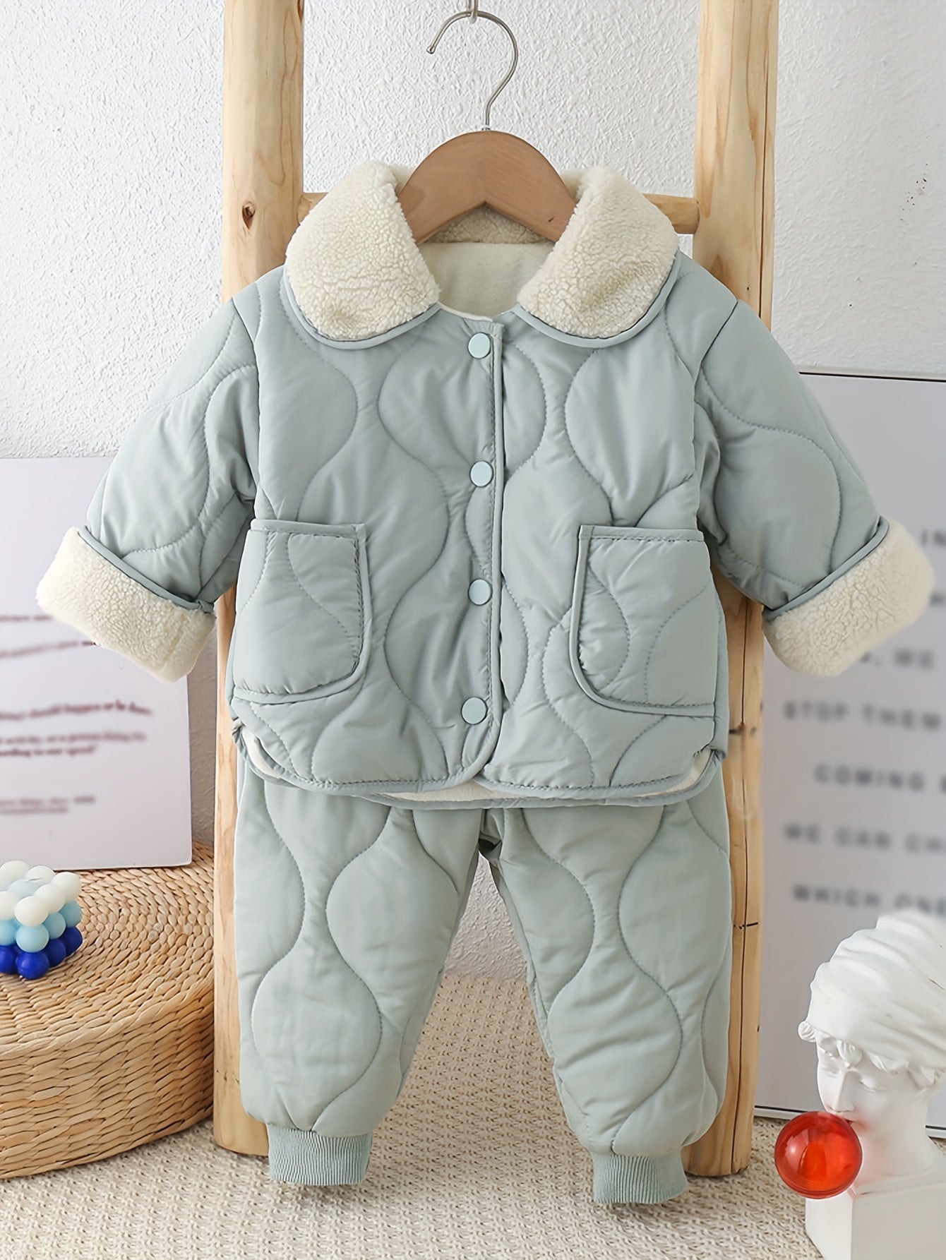 Kids' Winter Outfit Set with Teddy Collar Double Pockets Solid Color Polyester for Fall Winter