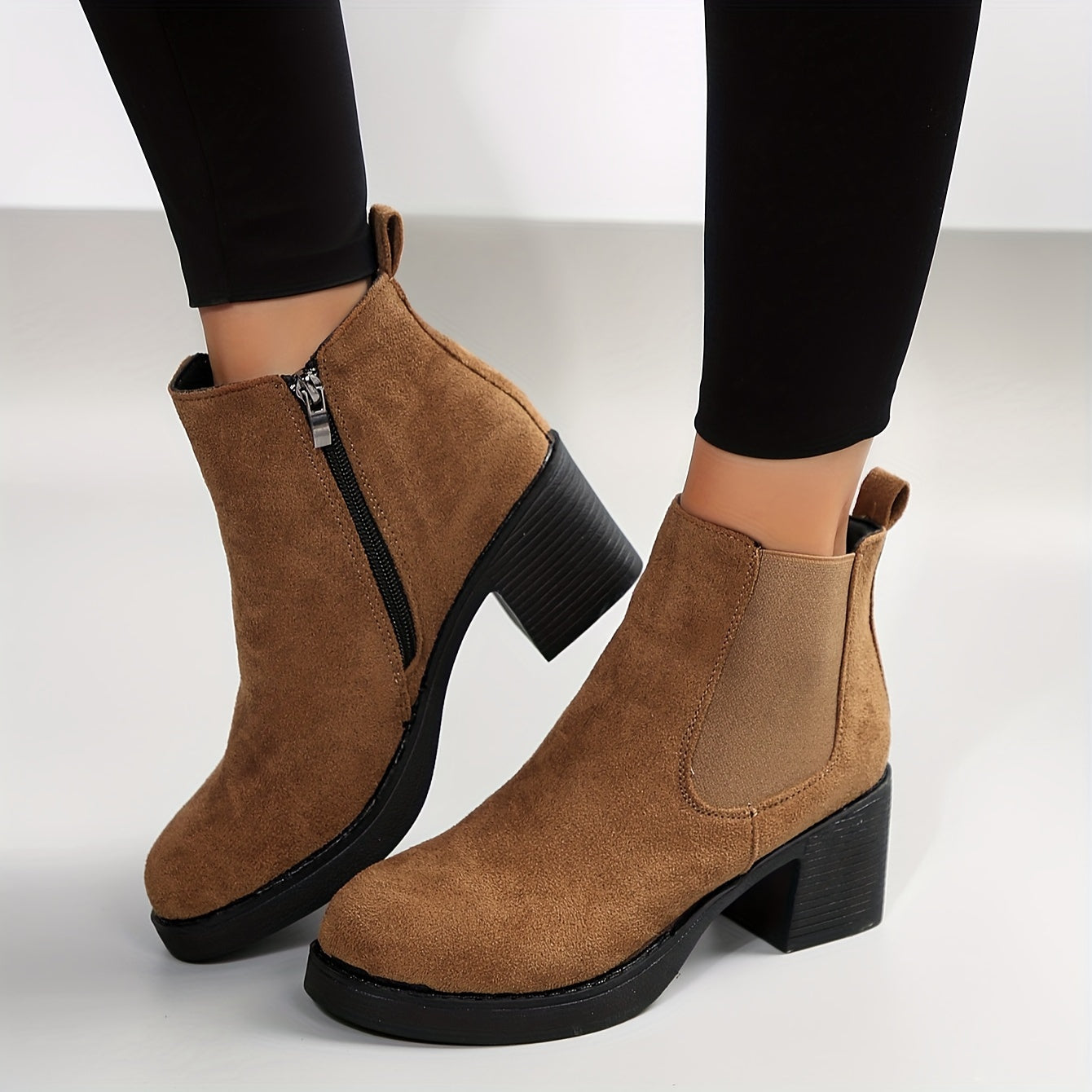 Women's Deer Chunky Heel Ankle Boots Black Non-Slip Warm Lined Short Boots