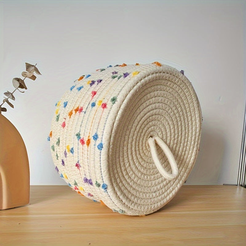 Woven Storage Basket with Lid Polka Dot Rope Organizer for Toys and Home Decor