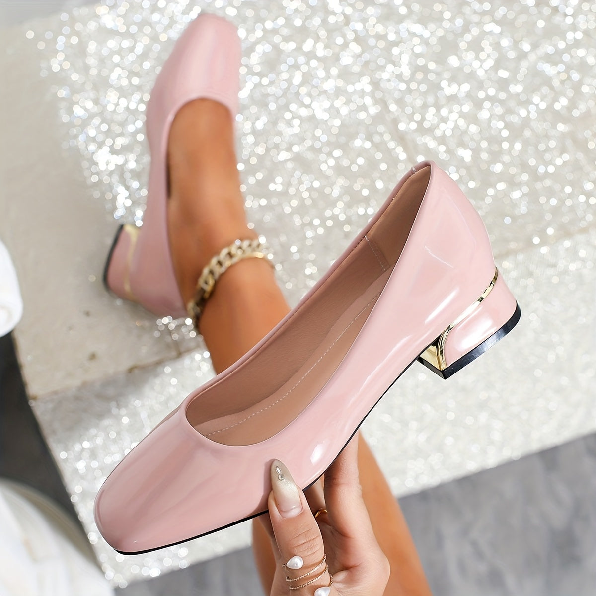 Ayollar uchun kvadrat barmoqli poyabzal, kundalik, bir rangli, past blok poyafzal, kiyinadigan poyabzal