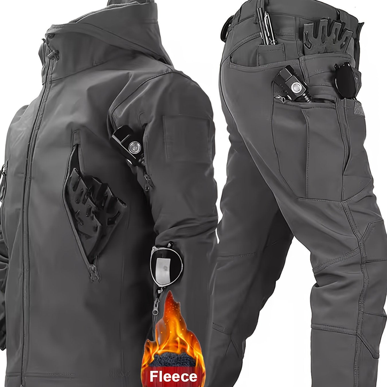 Men's Fleece-Lined Tactical Jacket and Cargo Pants Set for Outdoor Activities in Cold Weather