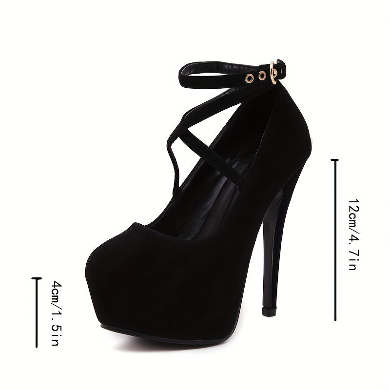 Women's Black Crossed Strap High Heels with Thin Stiletto Heel and Waterproof Platform