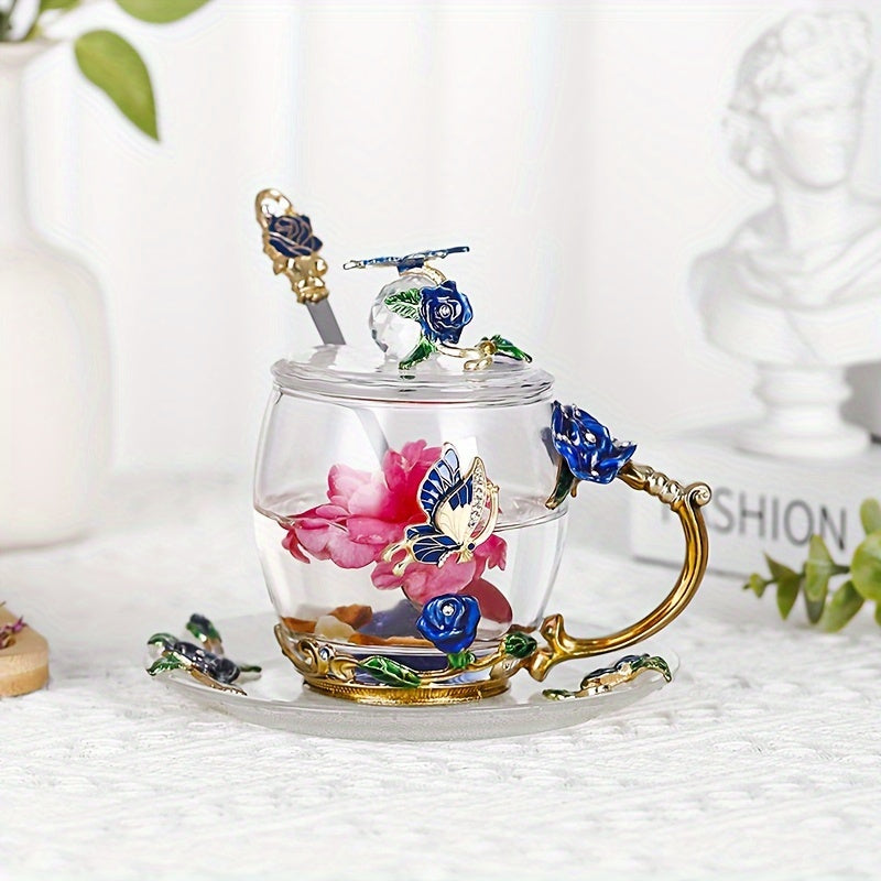 Enamel Crystal Tea Cup with Butterfly and Rose Design Heat Resistant for Coffee Water