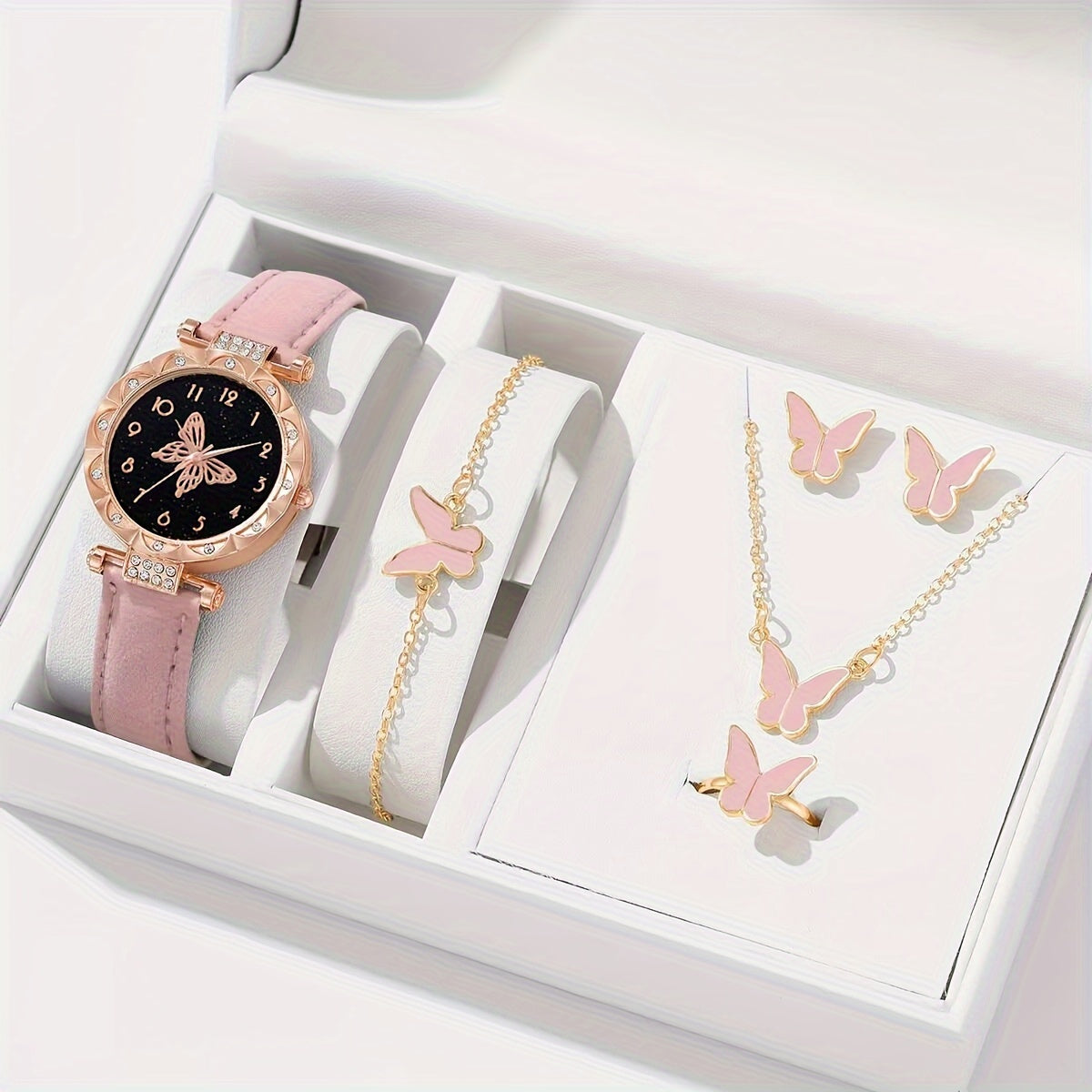 Pink Butterfly Quartz Watch Set with Jewelry Accessories for Women 6-Piece