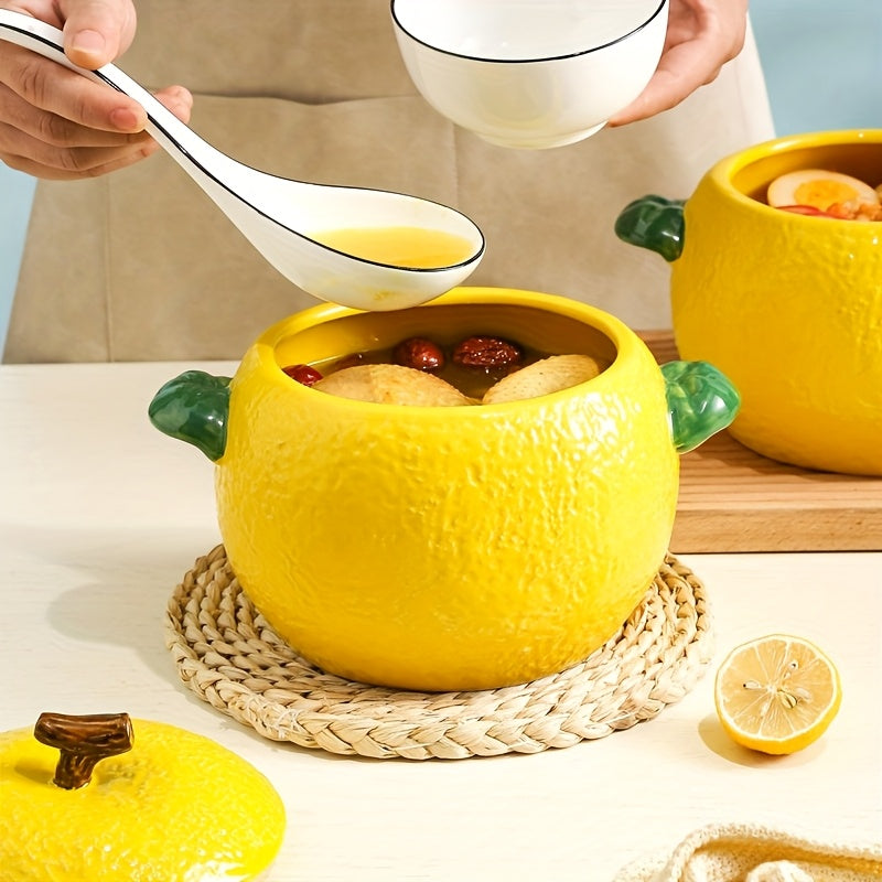 Large Ceramic Lemon-Shaped Pot with Lid for Baking Serving and Storage