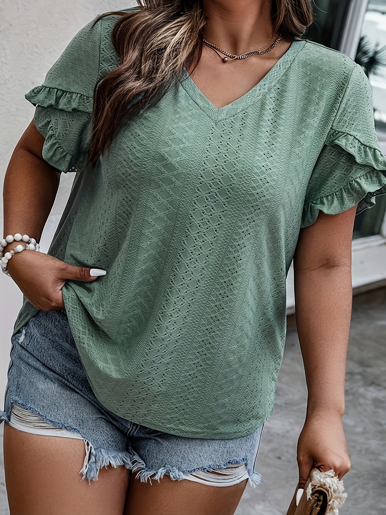 Plus Size V-Neck Blouse with Ruffled Sleeves Textured Jacquard Casual Top
