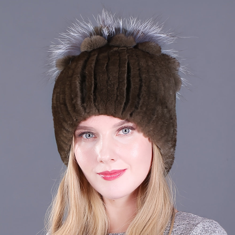 Faux Fur Beanie for Women and Girls Warm Knit Winter Hat