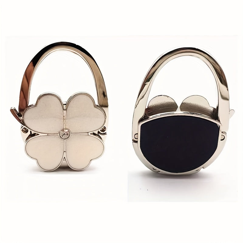 Foldable Metal Bag Hook with White Clover Design, Portable Handbag and Wallet Table Hook
