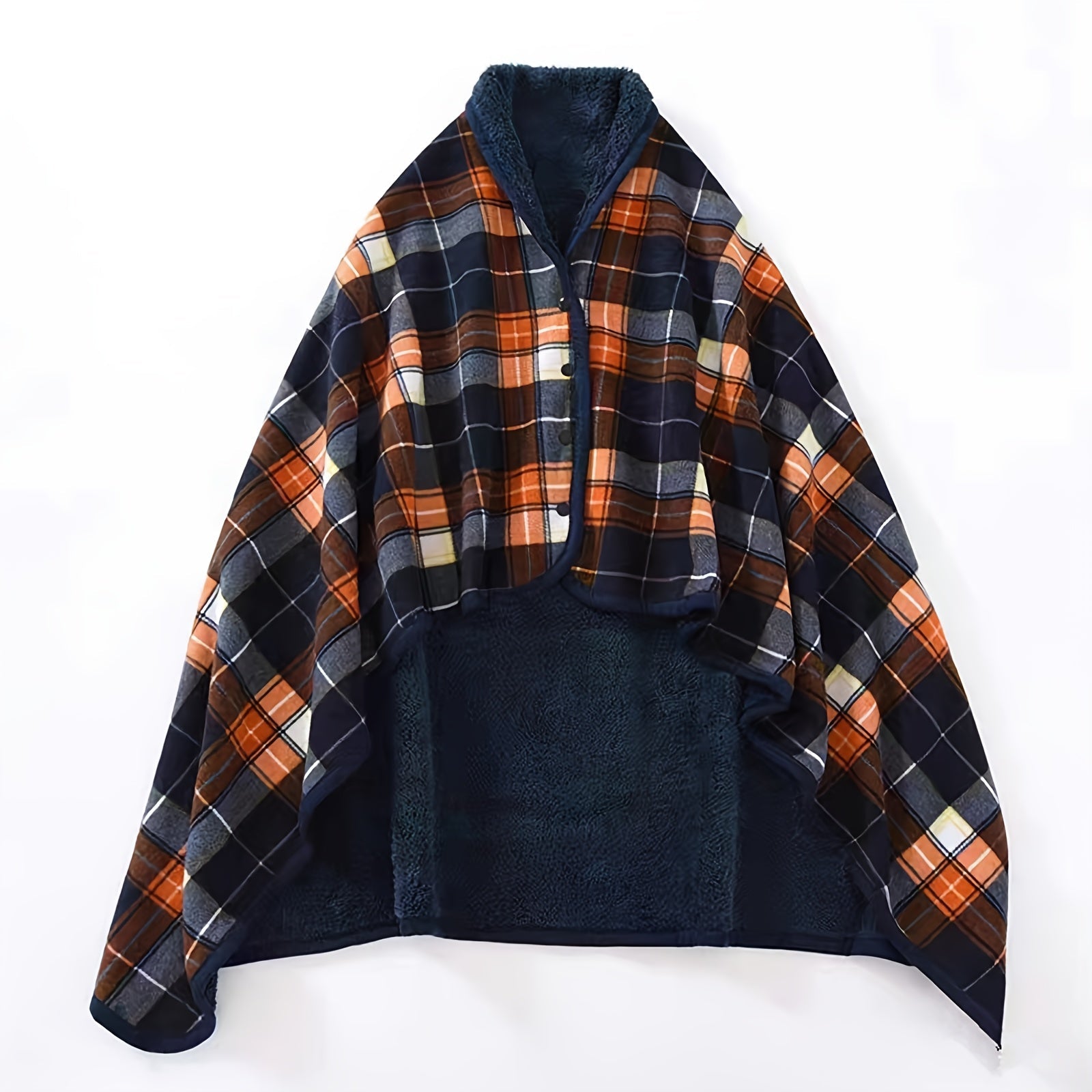 Reversible Plaid Wool Shawl for Women Thick Cozy Winter Wrap with Button Closure
