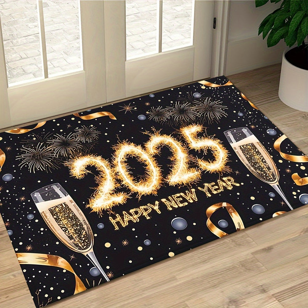 Rectangular Polyester Fiber Doormat with Champagne Cup Print Non-Slip Machine Washable for Entryway Kitchen Bathroom